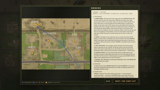 The orders for Zarghun's first day: the ground, the enemy, the mission and the plan on the map