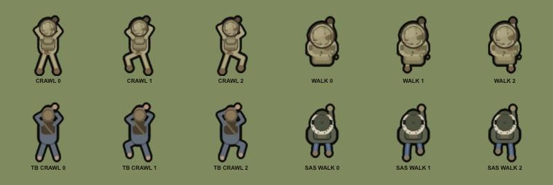 Animation frames from the first day: walking and crawling, for our soldiers, the Taliban and the special forces.