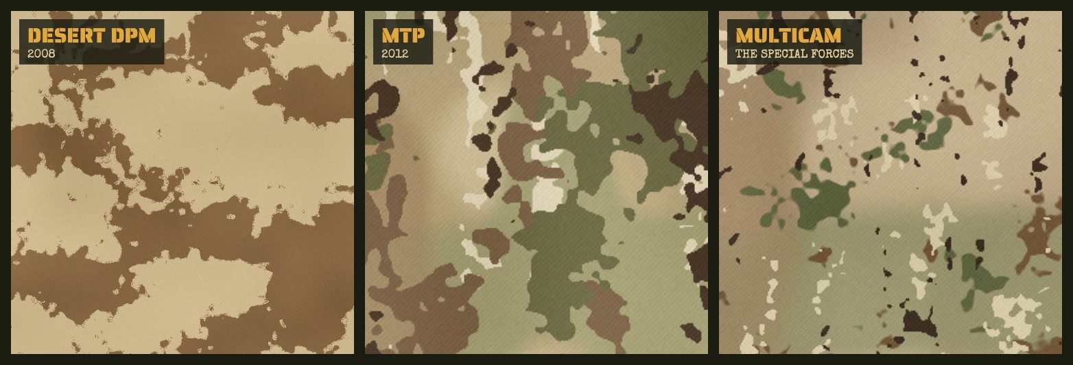 Thirty centimetres of each cloth as the game draws it: desert DPM (2008), MTP (2012), and MultiCam, which the game's special forces wear.