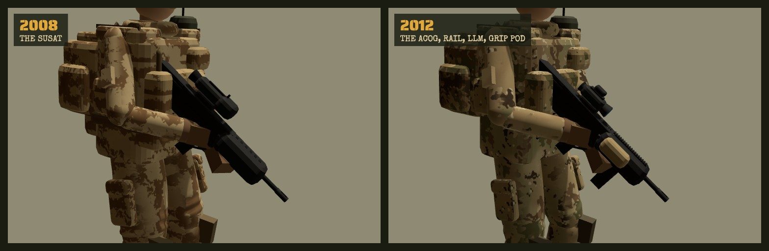 The L85A2 each year: 2008's SUSAT on the plain handguard; 2012's ACOG on the rail, with the tan laser light module and the grip pod.