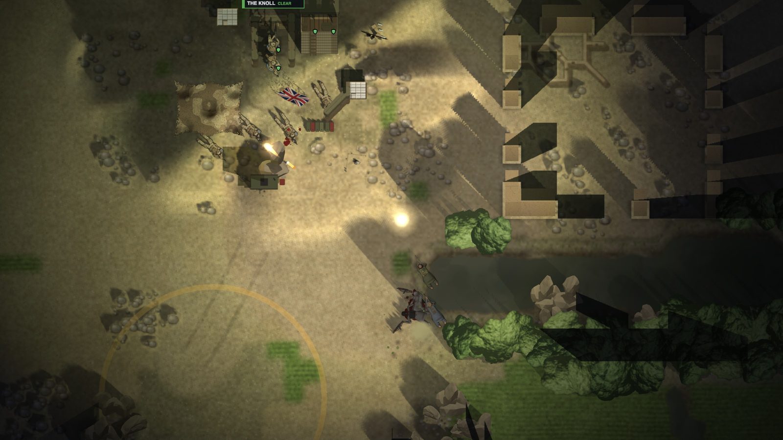 Night on the knoll: an illumination flare over the ground in front of the base, throwing the shadows of the walls, rocks and trees across it.