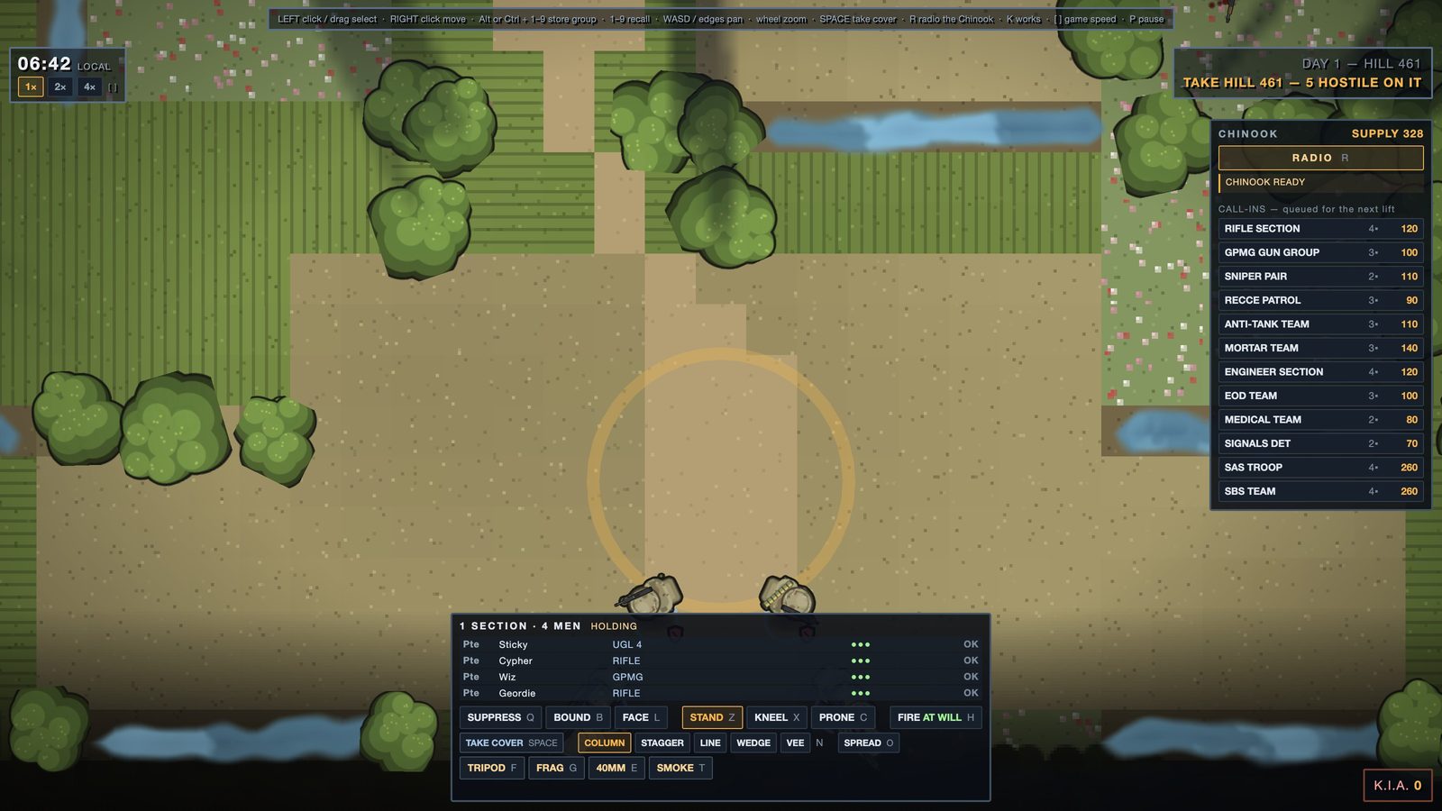 Late on the first day: Day 1 at Hill 461, 06:42 on the game's clock, a section's orders along the bottom and the call-ins down the right.