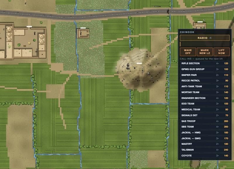 The green zone laid out as it's farmed: irrigation ditches running off the canal, most of them lined with poplars, and the fields between cut into long strips.