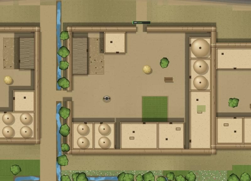 One of Loy Bagh's qalats at its real size: rooms along the walls, domed roofs, the yard, and the ditch outside under its trees.
