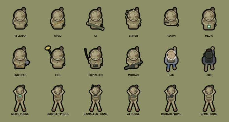 The first roster, drawn in code: each role with kit you can pick out from above. The medic's cross, the signaller's antenna, the Vallon, the mortar tube.