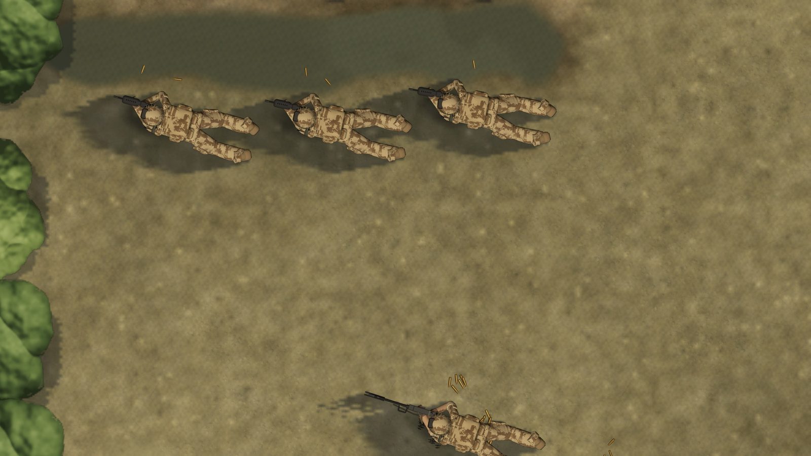 Close in on the first morning: a section prone and firing, each man's shadow stretched out long beside him.